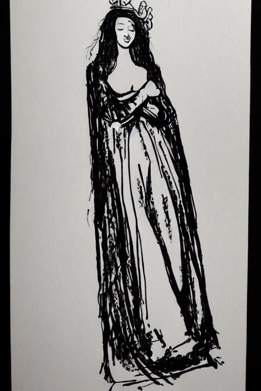 Image similar to ink lineart drawing of beautiful woman in a nightgown, white background, etchings by goya, chinese brush pen illustration, high contrast, deep black tones, contour