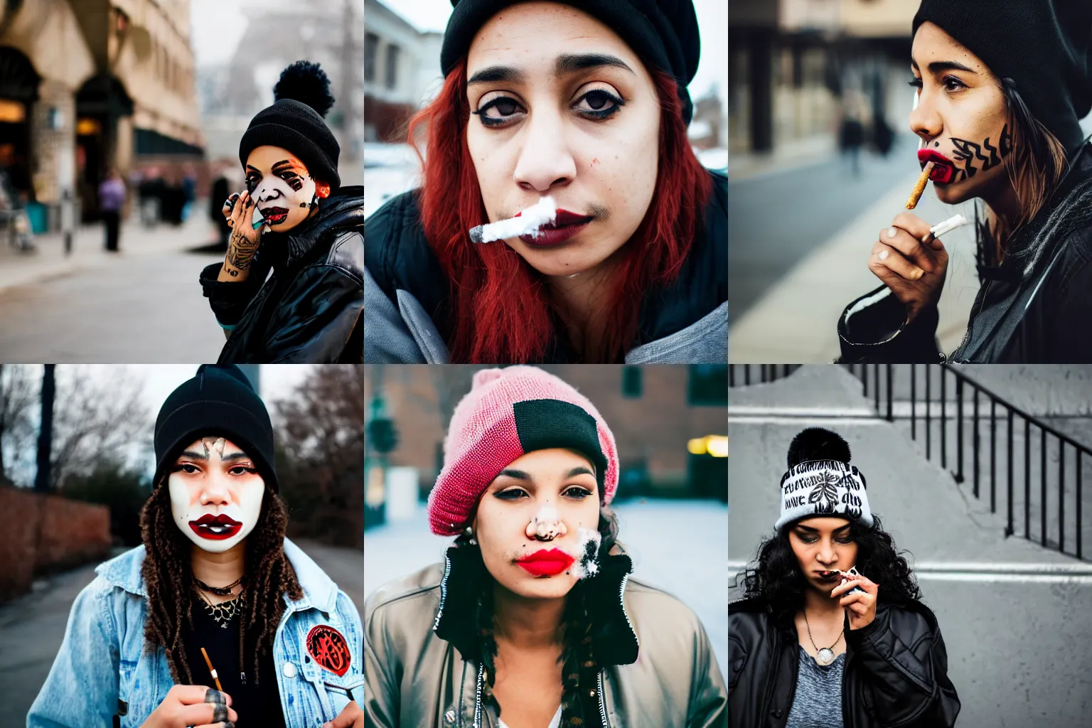 Image similar to portrait of a mixed woman smoking a cigarette, face tattoos, black beanie, black bomber jacket, urban environment, depth of field