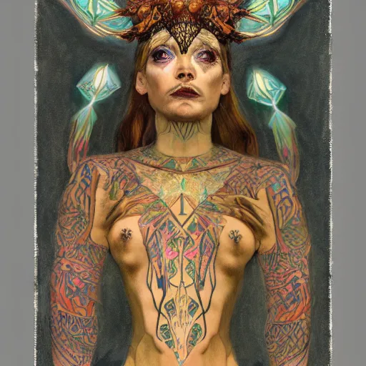 Image similar to the moth crown, by Annie Swynnerton and Nicholas Roerich, bioluminescent skin, tattoos, elaborate costume, geometric ornament, symbolist, smooth, sharp focus, extremely detailed, octane render