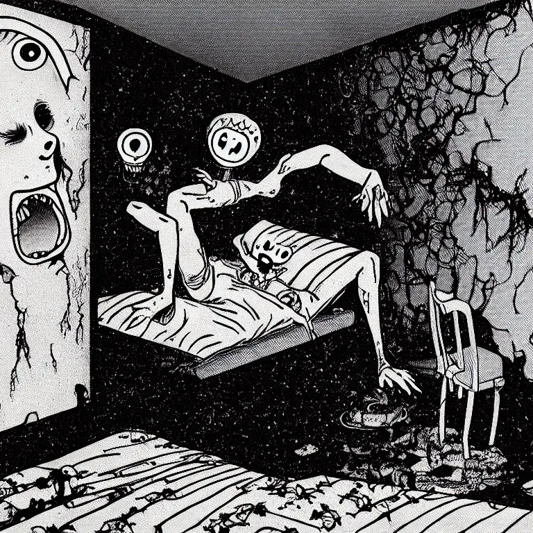 Image similar to cursed illustration of beautifully ominous creepy sleep paralysis demon sliding inside 1 9 8 0's teeanger cluttered bedroom. manga style of junji ito, kentaro mirua, weirdcore, octane render