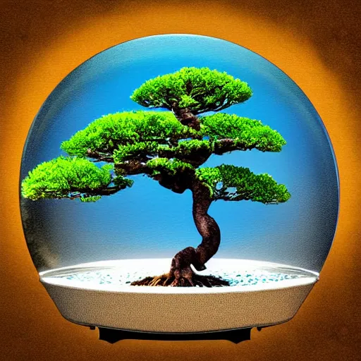 Image similar to A bonsai tree growing out of a fish tank, digital art