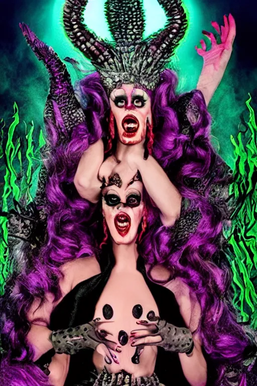 Prompt: drag queen monster in horrific eldritch horror movie poster