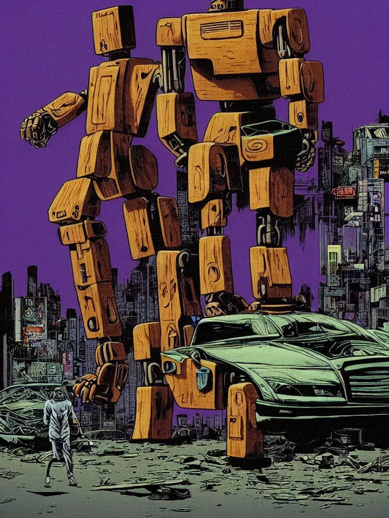 Prompt: an individual Giant wooden robot walking down the street, a crushed car is under the robot’s foot by Richard Corben, cinematic, cyberpunk, crime noir