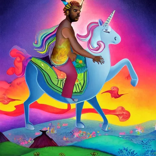 Prompt: a painting of a woke man riding an unicorn, a storybook illustration by Lisa Frank, featured on pixiv, magical realism, irridescent, storybook