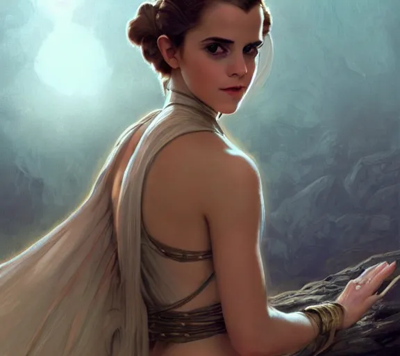 Image similar to photography of a sensual emma watson dressed like princess leia slave girl outfit star wars, deep focus, intricate, elegant, highly detailed, digital painting, artstation, concept art, matte, sharp focus, illustration, art by artgerm and greg rutkowski and alphonse mucha and gil elvgren