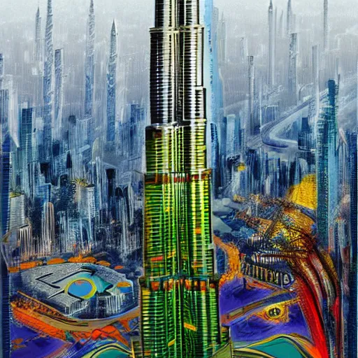 Prompt: burj khalifa in the style of friedensreich hundertwasser, concept art, 4 k masterpiece