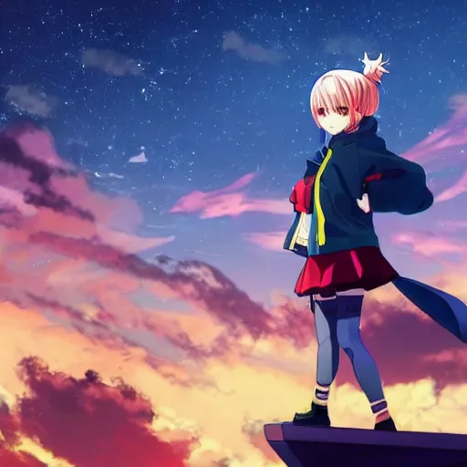 Image similar to Astonishing Pixiv 8K Splash art of an Anime Key Visual Pinterest loli with blond hair and cute pigtails who wears a blue coat with a hood and black shorts when practicing parkour through a big modern city in twilight from Unsplash. She does a superhero pose against a cinematic dark scene of an HDR sunset with faint orange light in Studio Ghibli style. Amazing piece Trending on Artstation and DeviantArt, dynamic lighting,