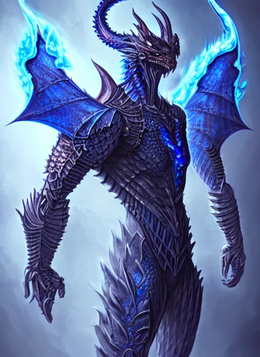 Image similar to muscular and tall blue ghostly fire humanoid dragon!!!! draconian!! intricate ornate iridescent heavy armor!! character concept art, sharp focus, octane render! unreal engine 5! highly rendered!! trending on artstation!! detailed linework!! illustration by artgerm, wlop, and chie yoshii