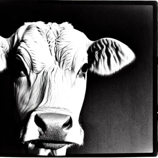 Prompt: Mugshot Portrait of a Guernsey Cow, taken in the 1970s, photo taken on a 1970s polaroid camera, grainy, real life, hyperrealistic, ultra realistic, realistic, highly detailed, epic, HD quality, 8k resolution, body and headshot, film still, front facing, front view, headshot and bodyshot, detailed face, very detailed face