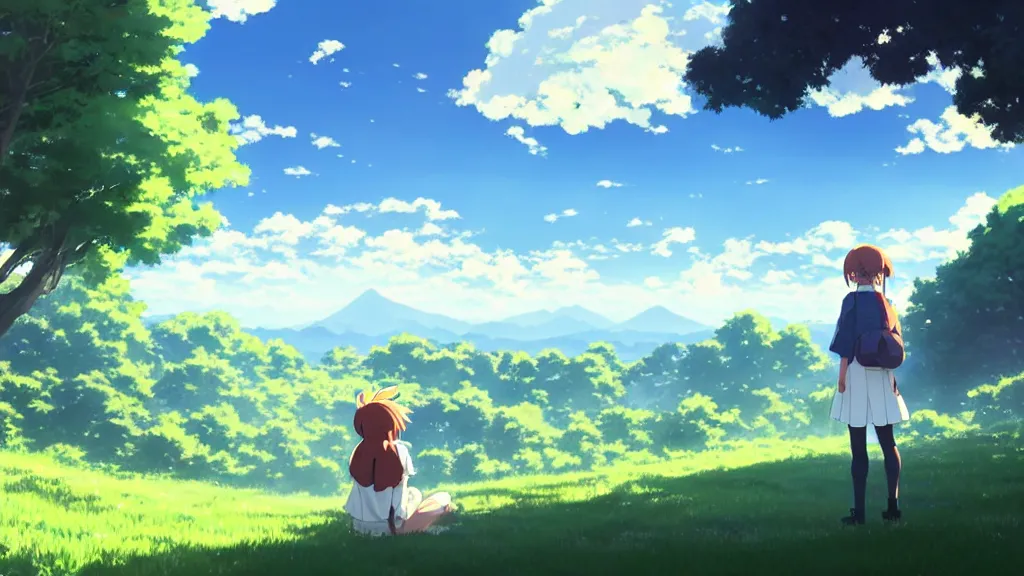 Prompt: A schoolgirl in the natural morning light , blue sky and white clouds, rainbow is in the sky, bright daylight passing through the gaps in the leaves leaving shadows on the ground, a shimmering lake in the distance, and foggy mountains in the background，artwork by Makoto Shinkai.