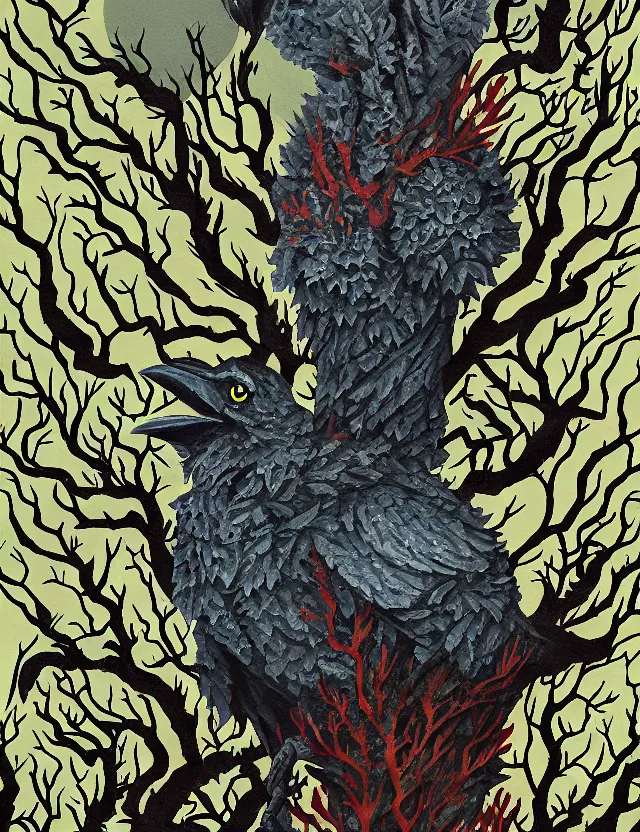 Prompt: raven god in the lichen woods. this gouache painting by an indie artist has an interesting color scheme, plenty of details and impeccable lighting.
