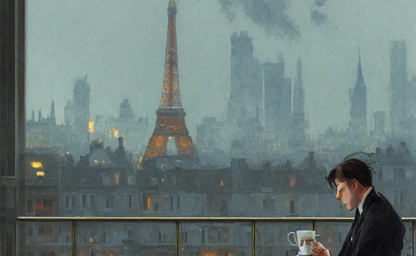 Image similar to elegant man drinking coffee at balcony in france, city with eiffel tower seen behind, late night raining, detailed characters, by greg rutkowski, alphonse mucha, beeple, sharp focus, digital art, smooth, light refraction, pixiv art, volumetric lighting, makoto shinkai