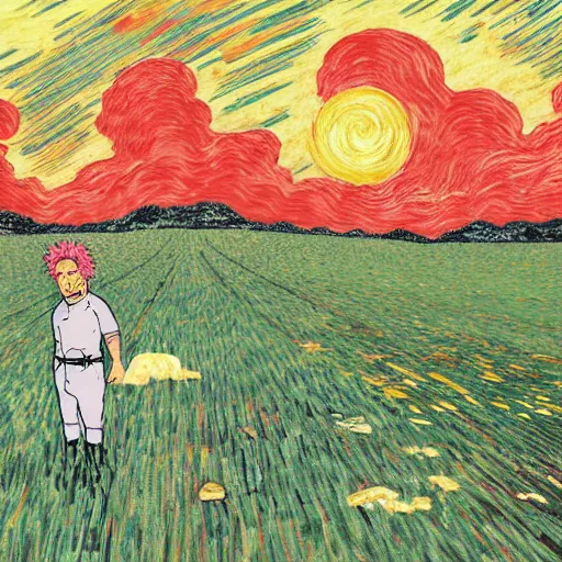 Image similar to sad ominous painting of guy fieri sitting in a field at night, in the style of studio ghibli and moebius and claude monet and vincent van gogh