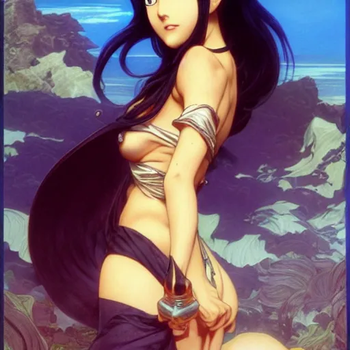 Image similar to highly detailed vfx portrait of nico robin by eiichiro oda!, makoto shinkai, alphonse mucha, art by artgerm and greg rutkowski!, backlit, harsh overhead sunlight, blue eyes!!, large aquiline nose!!, best of behance, concept art, matte, sharp focus, adolphe bouguereau, stanley kubrick,