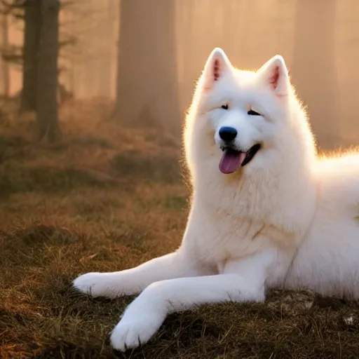Prompt: samoyed camping, cinematic lighting,