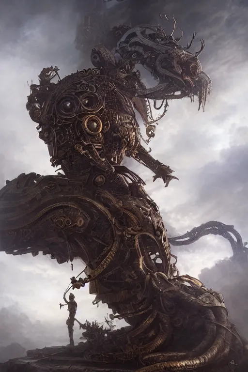 Image similar to Epic Abstract tech close up action scene of a old steampunk human warrior riding a gigantic etheral wyrm, horror, volumetric clouds, focus, detailed, realistic eyes, symmetric body features proportions, intricate details, award winning, unreal render, by Tom Bagshaw