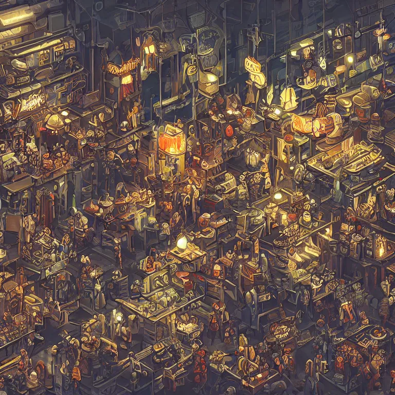 Image similar to fantastic lighting, pixel art, high detail, dieselpunk market, 2 d