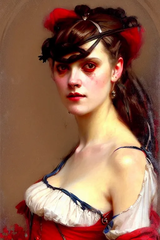 Image similar to solomon joseph solomon and richard schmid and jeremy lipking victorian genre painting portrait painting of a young beautiful woman traditional german french actress model pirate wench in fantasy costume, red background