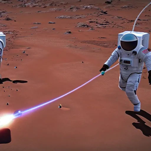 Image similar to 👩🚀 astronauts playing tug of war on mars. photorealistic unreal engine highly detailed.