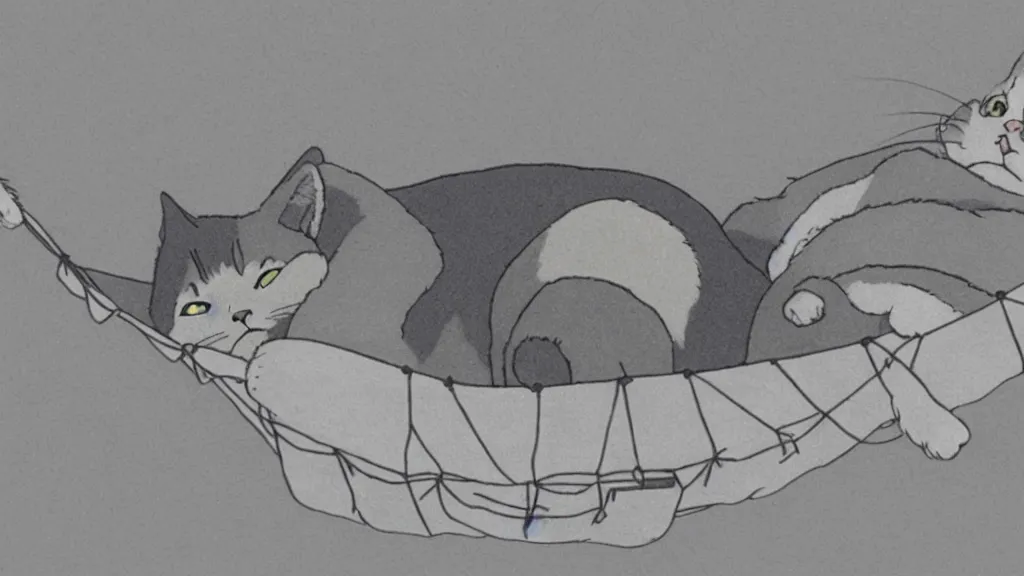 Image similar to grey american shorthair cat sleeping in a hammock, animated still, by studio ghibli, by hayao miyazaki