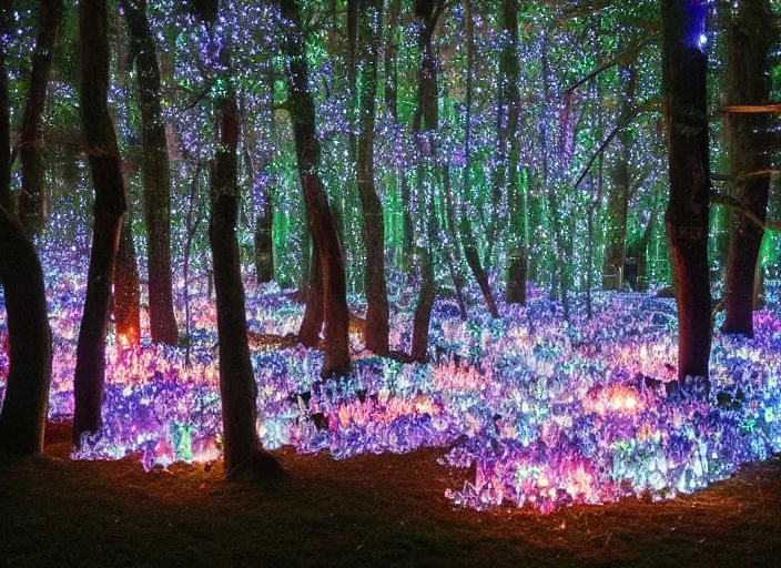 Image similar to a magical forest with crystal flowers that glow in the dusk,