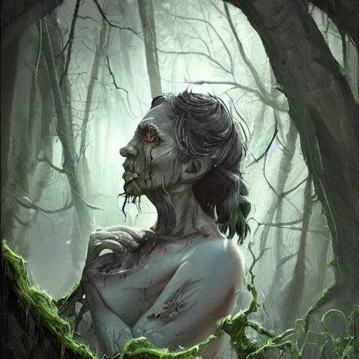 Prompt: fantasy portrait of an energetic old nurgle cultist woman with silky, cloudy grey hair, black scars on her face, swamp vegetation in the background, nocturnal palette, art by greg rutowski, raphael lacoste, eddie mendoza, artgerm, trending on artstation