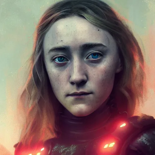 Prompt: saoirse ronan portrait, dystopia core, apocalyptic, armor, warrior, dramatic, sharp focus, fiction, neon, fantasy, hyper detailed, digital art, trending in artstation, cinematic lighting, studio quality, smooth render, unreal engine 5 rendered, octane rendered, art style and nixeu and wlop and krenz cushart