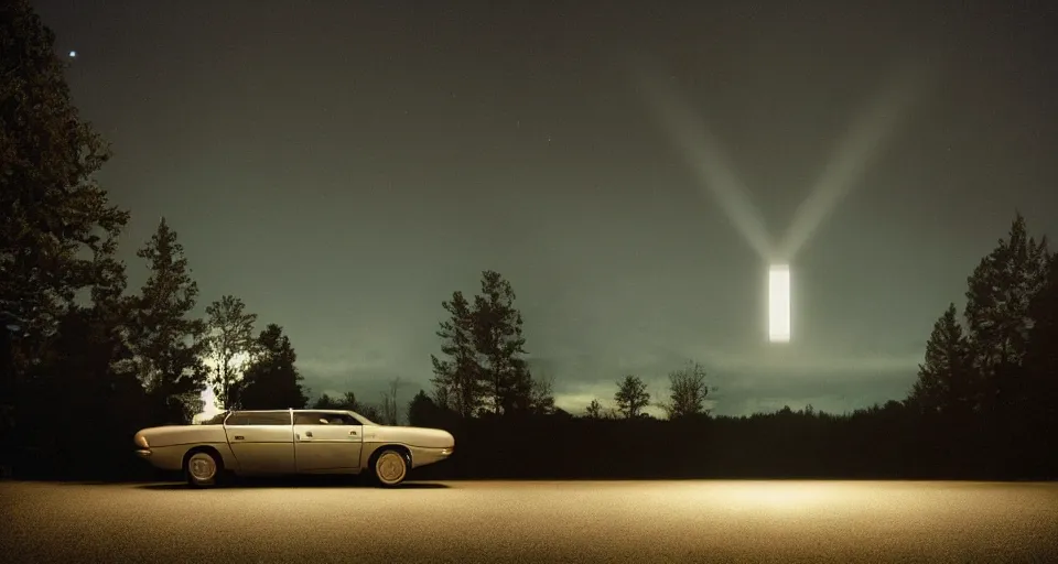 Image similar to a photograph of a UFO shining it’s light down on a car at night by Gregory Crewdson