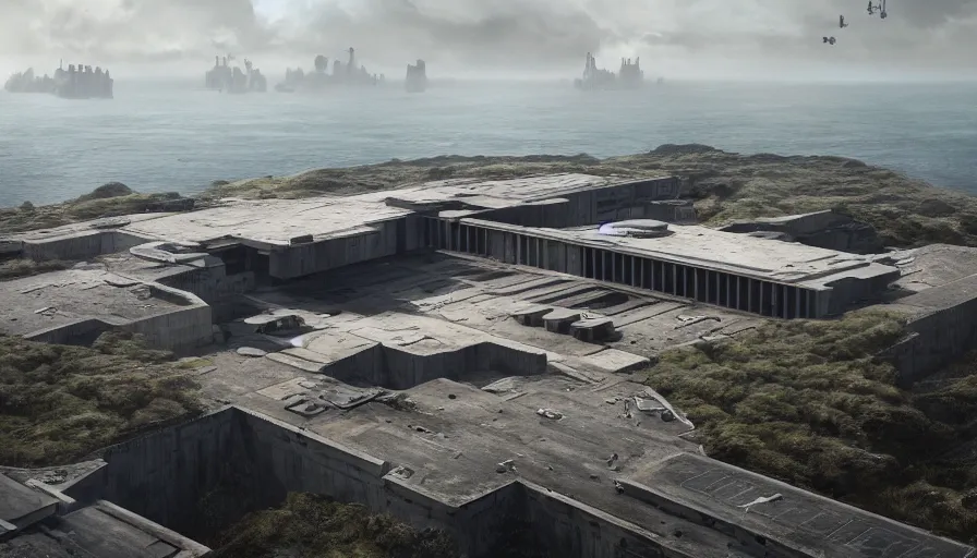 Image similar to big brutalist imperial military base on cliffs, drawing architecture, very long shot, top angle, imperial architecture in rogue one, pritzker architecture prize, brutalism architecture, jan urschel, roger deakins