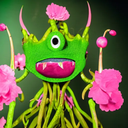 Image similar to studio photograph of a thin green vine creature with vine limbs and a pink blooming flower mouth with many sharp teeth