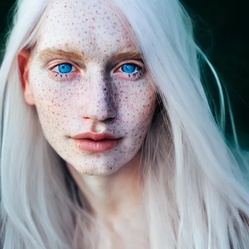 Prompt: beautiful hyperreal portrait of a cute woman, long white hair, freckles, blue eyes, very detailed face, soft smile golden hour, soft focus, 8 k, portra 4 0 0