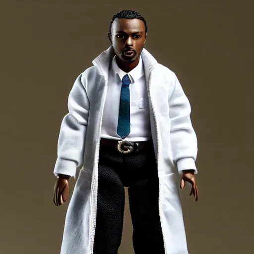 Image similar to “an award winning photograph of an action figure doll of Kendrick Lamar, the rapper, hip hop artist, dressed as a scientist”