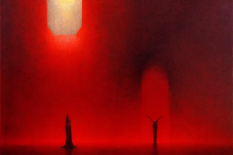 Image similar to only with red, a red angel announce the win, at the gates of a rich renaissance city, pathos, in the style of beksinski, part by hopper, part by rodcenko, part by hofbauer, intricate composition, red by caravaggio, insanely quality, highly detailed, masterpiece, red light, artstation