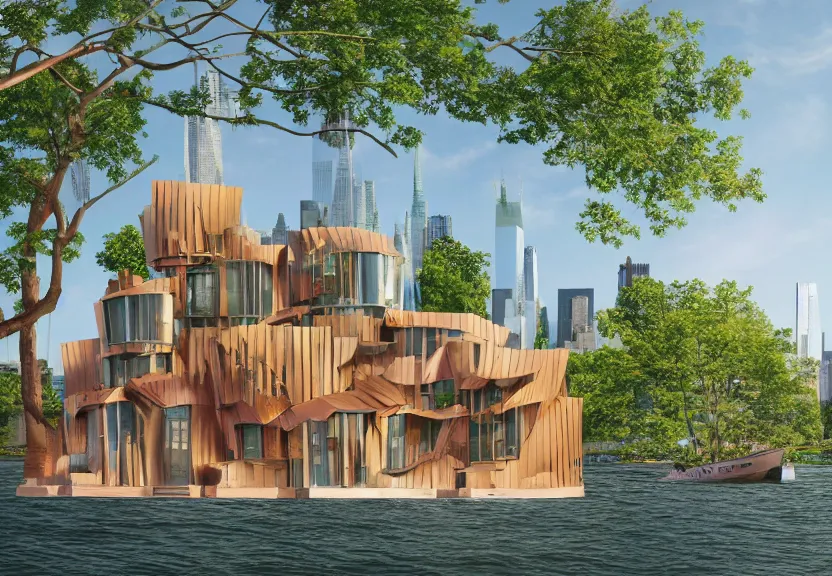 Prompt: a high resolution rendering of a mid century modern treehouse floating above new york city designed by frank gehry