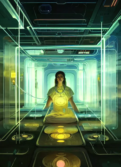 Image similar to high depth, collective civilization hospital, calm, healing, resting, life, hybrids, scifi, glowing lights!!, published concept art, mixed medias, image overlays, sharp focus, thin glowing wires, winning illustration, art by greg rutkowski and alphonse mucha, singularity!!!, 3 6 0 projection