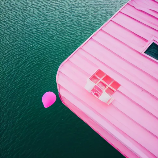 Prompt: a 5 0 mm lens photograph taken from an angle of a cute pink floating modern house, floating up by a singular heart shaped vibrant tiny ballon from above the house, inspired by the movie up. mist, playful composition canon, nikon, award winning, photo of the year