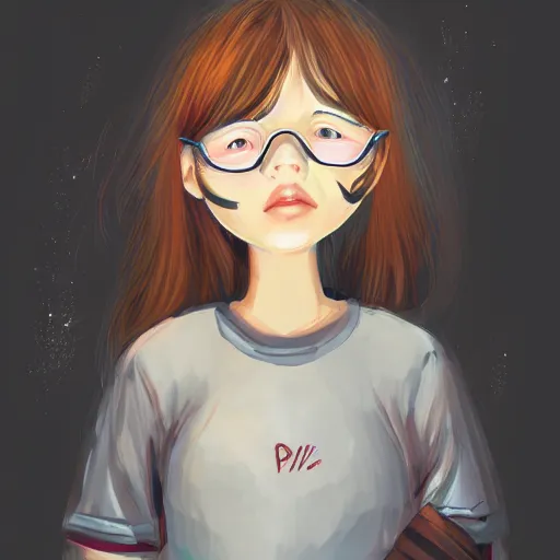 Image similar to girl in pyjamas working on computer, tired bags around eyes, digital art, drawing, artstation