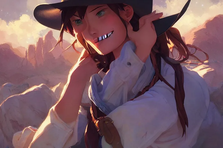 Image similar to western cowgirl, single subject, scenic full shot, ambient starry night lighting, detailed face, by makoto shinkai, stanley artgerm lau, wlop, rossdraws