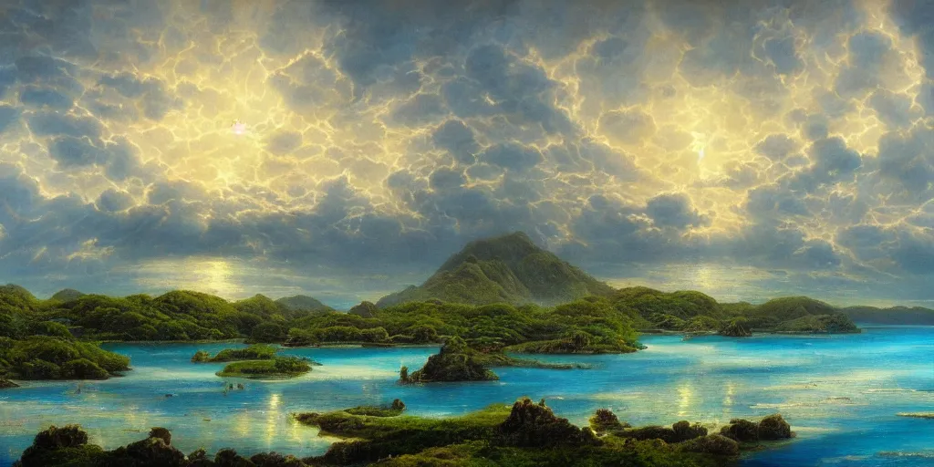 Image similar to a beautiful painting of a A paradisiacal landscape of a sea lagoon surrounded by islands, a fantastic city built on water, rays of light illuminating the water by John Howe, Trending on Artstation, Landscape vista photography,16K resolution, Landscape 35mm veduta photo,8k resolution, detailed landscape painting by , DeviantArt, Flickr, rendered in Enscape, Ultrafine Details, Reimagined By Industrial Light And Magic, highly detailed, octane render, epic and breathtaking composition, Marc Simonetti and Jim Burns landscape, #vfxfriday, 4k resolution post-processing, Global Illumination