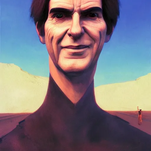 Prompt: Giant head of david copperfield on a humanoid car, running fast on a californian highway, rays of light, particles light, kuvshinov ilya