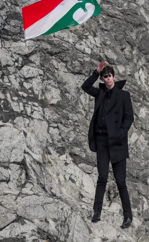 Image similar to alex turner waving the bulgarian flag at the shipka monument, realistic, dslr, 8 k