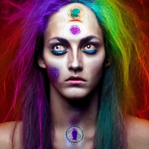 Image similar to three eyed goddesses, third eye middle of forehead, wide wide shot, very hairy bodies, beautiful colors, eye in forehead, beautiful lighting, detailed photographs