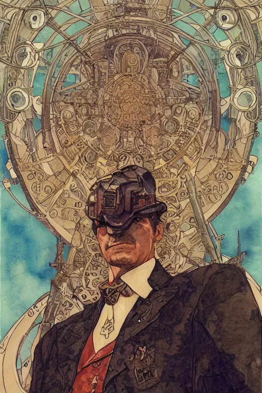 Prompt: zoomed out portrait of a german duke, stylized illustration by yoshitaka amano and moebius, watercolor gouache detailed paintings, mucha vibe, dieselpunk, solarpunk, artstation