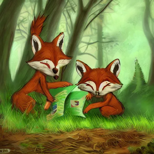 Image similar to 3 woodland critters, resistance, communist, bunny, mouse, fox, political meeting in the woods, antropomorphic, fantasy digital art, art station, green flags, green hats