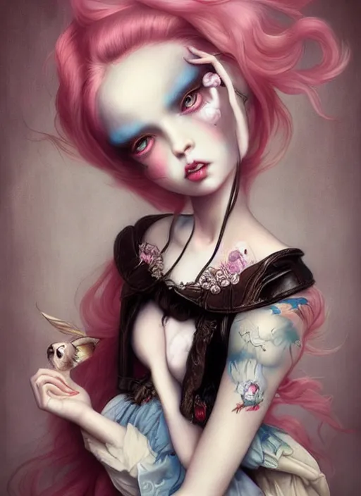 Image similar to pop surrealism, lowbrow art, realistic cute girl painting, japanese street fashion, hyper realism, muted colours, rococo, natalie shau, loreta lux, tom bagshaw, mark ryden, trevor brown style,