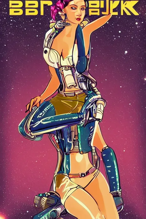 Image similar to attractive female android in feminine pose on a hyper-maximalist overdetailed retrofuturist scifi bookcover illustration from '70s. Biopunk, solarpunk style.