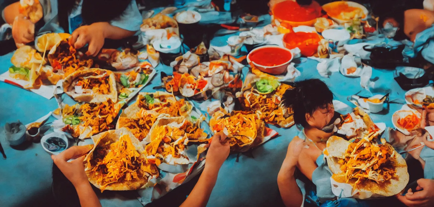 Image similar to sumo wrestler eating crispy tacos with hot sauce, photo realism, bokeh background, neon lights, city background, high definition, slr