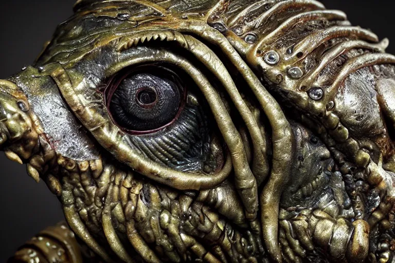 Image similar to photo taken of an epic intricate, ultra detailed, super realistic sculpture of a wet, slimy, nightmarish hellish demonic trilobite creature on display in a workshop, created by weta workshop, zoomed in shots, photorealistic, sharp focus, f 0. 4, face centred, macro photography, golden ratio, kodachrome