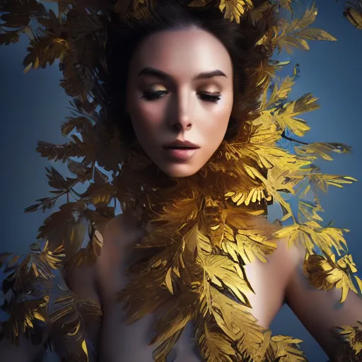 Prompt: a highly detailed digital image of a futuristic elegant woman wrapped with golden leaves, artstation, extremely detailed woman, stunning volumetric lighting, 4k,