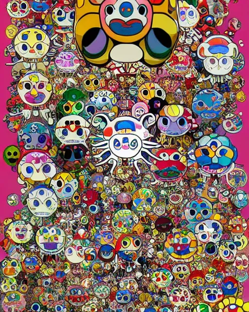 Image similar to triple decker fantastical, cute, and beautiful hybrid of the anatomy of different animals, a humorous psychedelic creature concept design by Takashi Murakami and Toru Narita, in the style of Takashi Murakami, maximalist hyper detailed